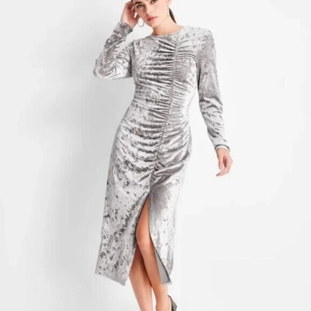 New future collective silver gray crushed velvet long sleeve Bodycon dress XS